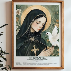 St. Scholastica, Sacred Art, Religious Wall Art for Families, Patron Saint, Housewarming Gift.