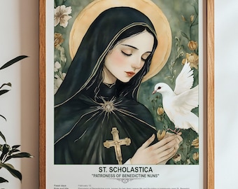 St. Scholastica, Sakrale Kunst, Religiöses Wandbild für Familien, Schutzpatron, Einweihungsgeschenk.