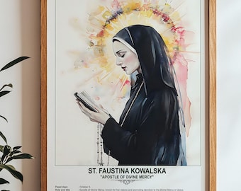 St. Faustina Kowalska, Sacred Art, Religious Wall Art for Families, Patron Saint, Housewarming Gift.