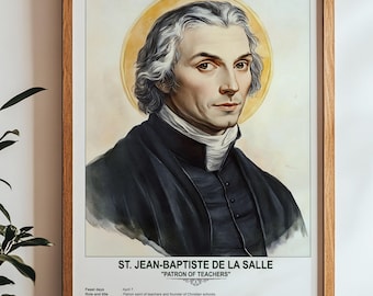 St. Jean-Baptiste de La Salle, Sacred Art, Religious Wall Art for Families, Patron Saint, Housewarming Gift.