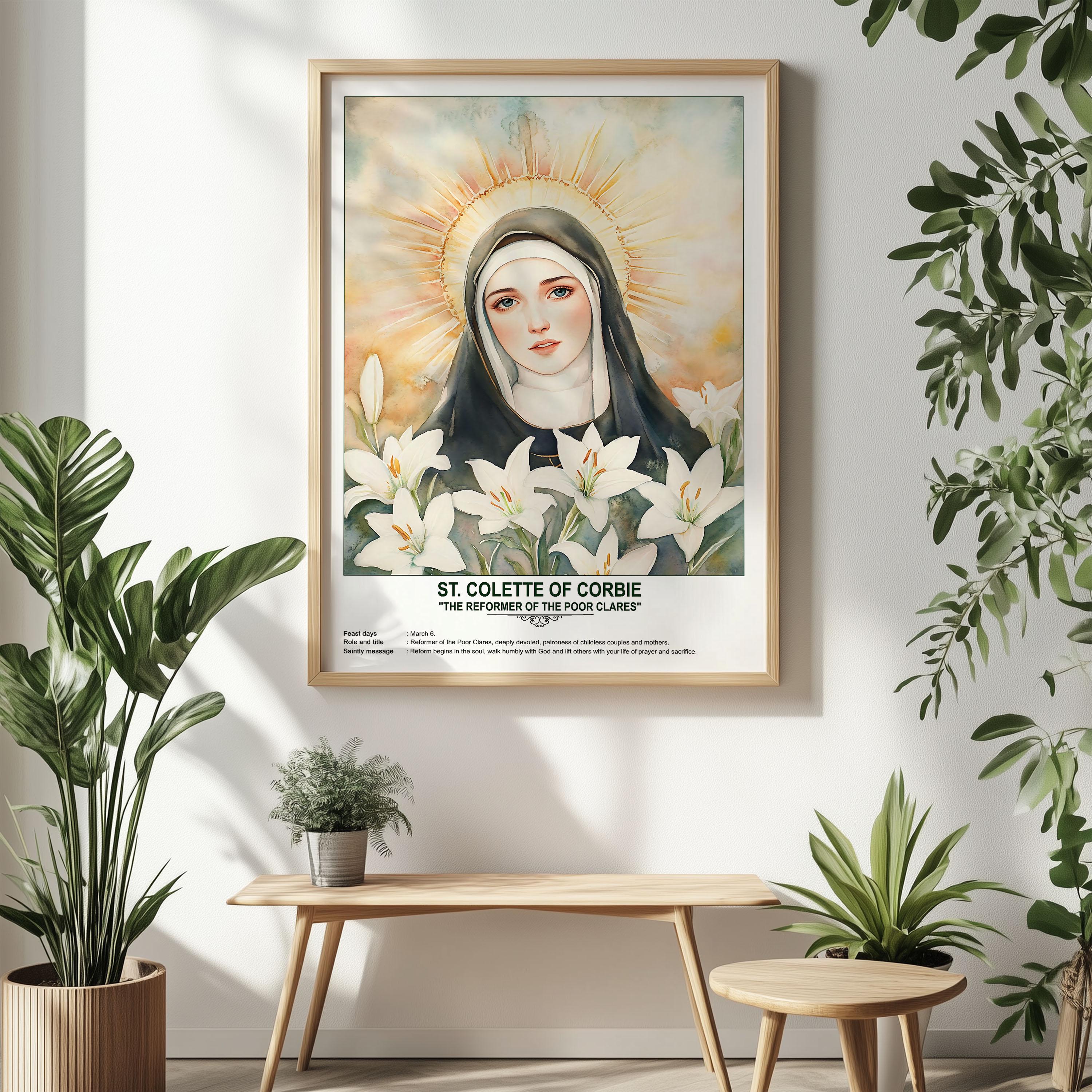 St. Colette of Corbie, Sacred Art, Religious Wall Art for Families, Patron Saint, Housewarming Gift.
