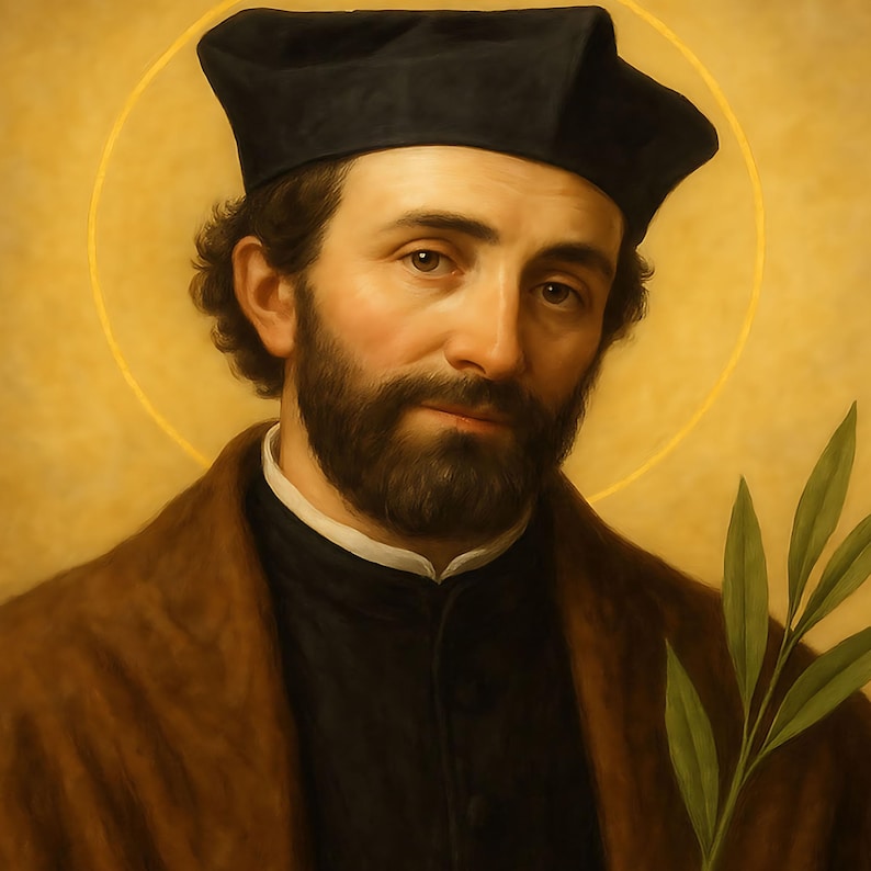 Peut inclure: Portrait d'un homme barbu, portant un chapeau noir et un manteau marron. Un halo doré entoure sa tête. Il tient une branche de feuilles vertes. Le fond est de couleur dorée chaude.