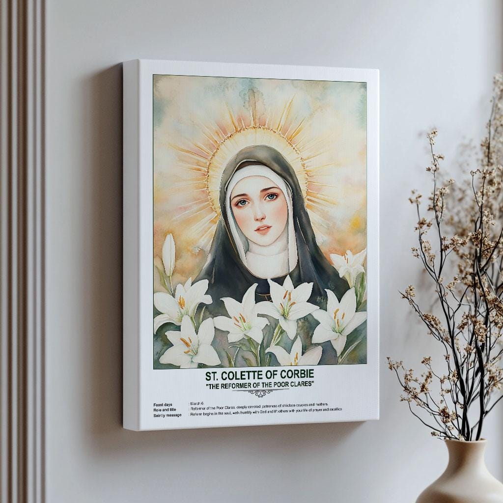 St. Colette of Corbie, Sacred Art, Religious Wall Art for Families, Patron Saint, Housewarming Gift.