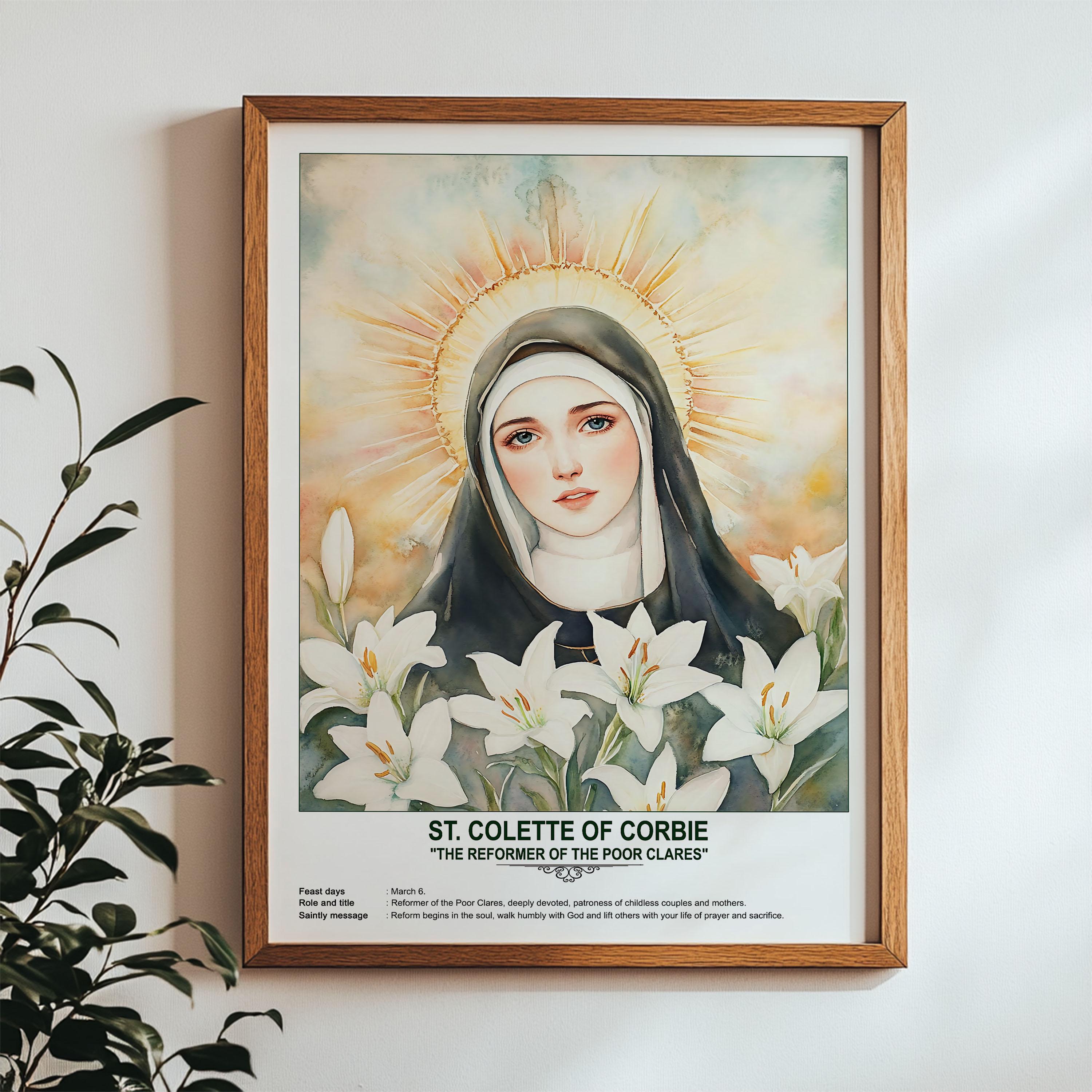 St. Colette of Corbie, Sacred Art, Religious Wall Art for Families, Patron Saint, Housewarming Gift.
