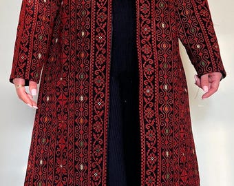 Palestinian Tatreez Embroidered Long Jacket (available in gold, green, blue, and red)