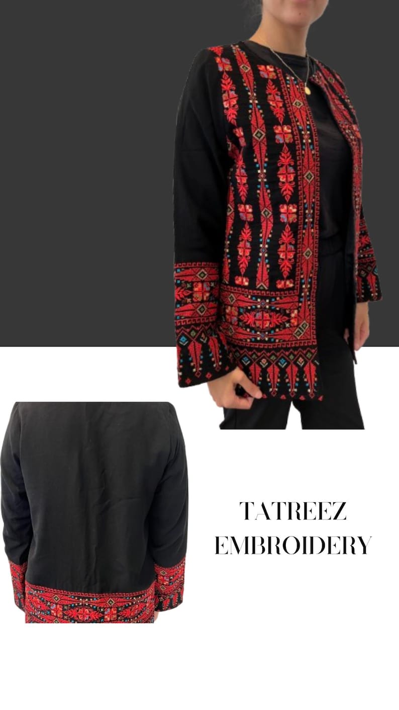 May include: Black jacket with detailed red embroidery. The jacket has elaborate patterns on the front, sleeves, and cuffs. The text "TATREEZ EMBROIDERY" is displayed in a clean font.