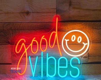 Good Vibes and Smile Face Neonschild, Chill Vibes Lichtschild, Benutzerdefinierte Leuchtreklame, Good Vibes Smiley Zeichen, Good Vibes LED Neon, Hauszimmerdekor