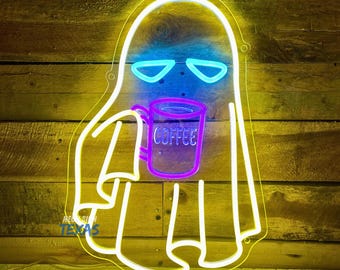 Ghost Coffee Neon Sign, Ghost Drinking Coffee Led Sign, Spooky Boo Sign, Halloween Coffee Lovers, Сute Little Ghost Coffee Decor Funny Ghost