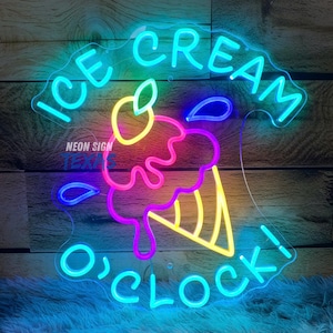 Ice Cream O&#39;Clock Neon Sign, Business Ice Cream Sign, Ice Cream Neon Sign, Ice Cream Led Signs, Ice Cream Bar Sign, Party Neon Sign Decor