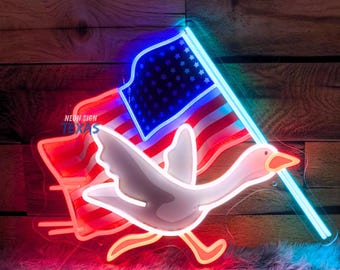 Neon Goose with American Flag – 4th of July Independence Day Decor, USA Light Sign featuring Stars and Stripes, 1776 LED UV Printed Sign