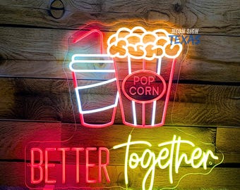 Better together Neon Sign Coke and popcorn Sign Concessions Neon SSign Popcorn Drinks LED Sign Cinema Bar Movie Theater Film Room Wall