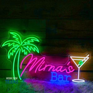 Custom Name Bar Sign Palm Tree Summer Party Light Paradise LED Sign Outdoor Pool Bar Sign Custom Business Logo LED Sign Cocktail Neon Sign