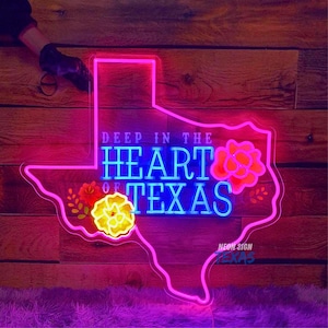 Letrero de neón Deep In The Heart Of Texas, luz de neón de America City, decoración de letrero con mapa de Texas, letrero de neón con forma de Texas, arte de pared de Texas City, letrero personalizado