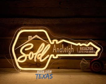 Custom Realtor Neon Sign – SOLD Key Sign, Real Estate Marketing Display, Realtor Office Decor, Real Estate Sold Sign for Agents