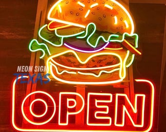Burger Open Neon Sign Outdoor Business Sign Burger Neon Sign Custom LED Hamburger Neon Light Up Sign Fast Food Restaurant Food Truck