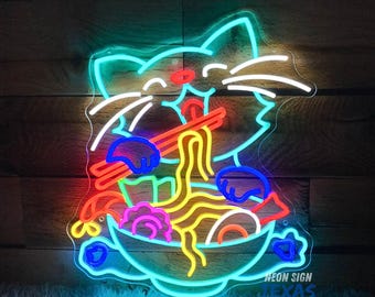 Letrero de neón de ramen de gato, letrero de ramen japonés, letrero de neón LED de ramen, letrero LED de ramen personalizado, letrero de neón de tazón de ramen, letrero de comida japonesa, letrero de bienvenida