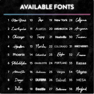 May include: A black background with the words "AVAILABLE FONTS" in a neon-style font. Below, a list of 36 city names in a similar neon style, each numbered. The cities include New York, Los Angeles, Chicago, and others.