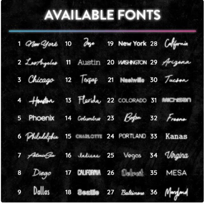 May include: A black background with the words "AVAILABLE FONTS" in a neon-style font. Below, a list of 36 city names in a similar neon style, each numbered. The cities include New York, Los Angeles, Chicago, and others.