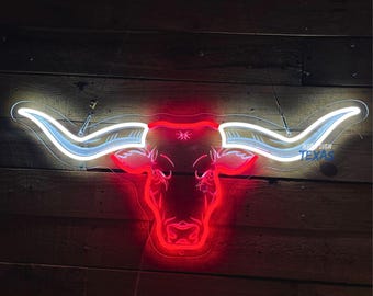 Texas Logo Neon Sign, Longhorns Cow Neon Sign, Custom Neon Sign, Animal Neon Sign, Longhorns Wall Decor, Texas Western led light, Texas Gift