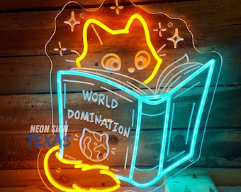 Book and Cat Neon Sign Kitty Neon Sign Cute Cat LED Neon Cat Read Book Led Sign Book Store Decor Christmas Gift Animal Light Gift for Kid