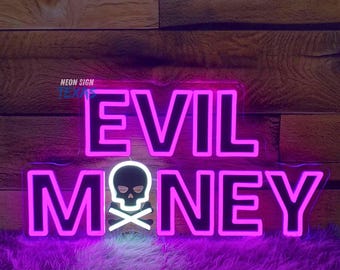 Evil Money Neon Sign Skull Money LED Neon Light Custom Neon Sign UV Printing Light Sign Funny Neon Sign Money Neon Sign Office Decor Art