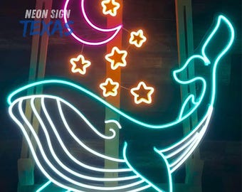 Whale Moon Neon Sign Whale Neon Sign Kids Room Wall Decor Whale Wall Art Whale Star Neon Light Nature Neon Sign Whale Lover Gift