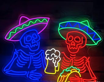 Skull Mexico Taco Beer Neon Sign Mexican Food Restaurant Decor Food Neon Sign Custom Neon Sign Skull Mexico Wall Art Mexico Neon Light