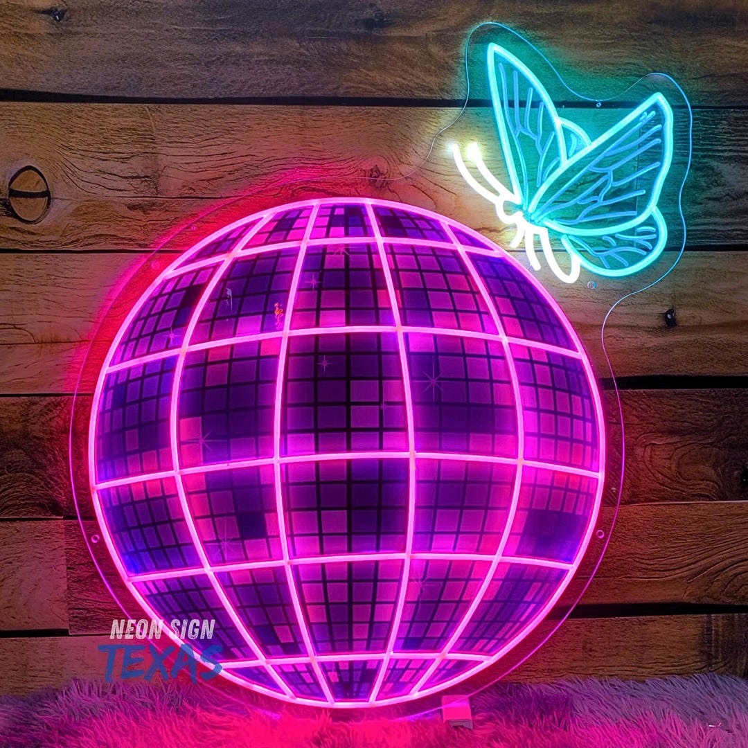Butterfly Disco Ball Led Sign Disco Ball Neon Sign Pink Room Decor ...