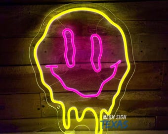 Melting Smiley Face LED Neon Sign Dripping Smile Wall Decor Bedroom Living Room Neon Entertainment Room Game Room Distorted smile face Sign