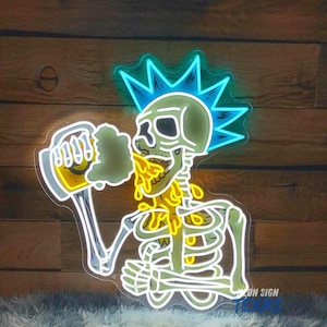 Skull Drink Beer Neon Sign Neon Bar Sign Skull Beer Wall Art Bar Pub Wall Decor UV Printing Sign Custom Neon Sign Business Logo Light Sign