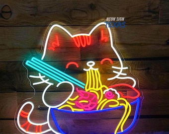 Letrero de neón de ramen de gato, letrero de ramen japonés, letrero de neón LED de ramen, letrero LED de ramen personalizado, letrero de neón de tazón de ramen, letrero de comida japonesa, letrero de bienvenida