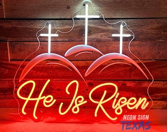 Letrero de neón con cruz de He Is Risen Letrero de neón con cruz Decoración de pared de Feliz Pascua Luz de neón con cruz cristiana Letrero de neón con fe religiosa Letrero de neón de Jesús