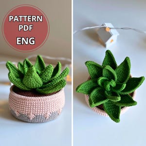 May include: Crocheted succulent plant in a pink and gray pot. The green succulent has detailed leaves. The pot is a light pink color with a gray bottom. The text "PATTERN PDF ENG" is in a red circle.