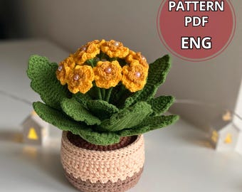 かぎ針編みの多肉植物の編み図 – カランコエの鉢植え、編みぐるみの花のPDF、鉢植えの植物の装飾