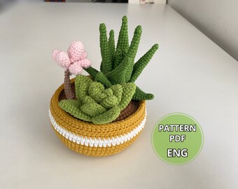 かぎ針編みの多肉植物と鉢植えのパターン、花の装飾、花の多肉植物のパターン