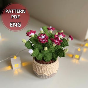 Könnte beinhalten: Eine gehäkelte Kakteenpflanze mit rot-weißen Blüten in einem beigen Topf. Die Pflanze hat grüne Blätter und befindet sich in einem beige-braunen Topf. Das Bild enthält den Text "PATTERN PDF ENG" in einem roten Kreis.