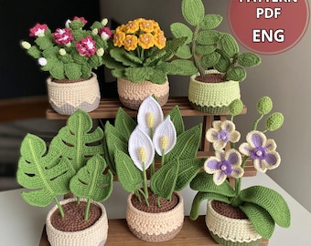 かぎ針編み多肉植物パターン＆観葉植物6種セット、鉢植えの花、あみぐるみ鉢植え、DIYデコレーション