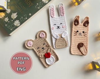 かぎ針編みの動物ブックマークパターンPDF 3-in-1 ウサギ、猫、ネズミのアップリケ | フラットかぎ針編みDIYデコレーション、編みぐるみかぎ針編みモチーフ