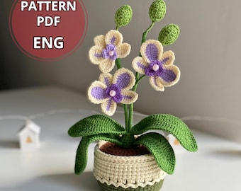 かぎ針編みの蘭の花のパターンPDF - 室内鉢植え、観葉植物の装飾