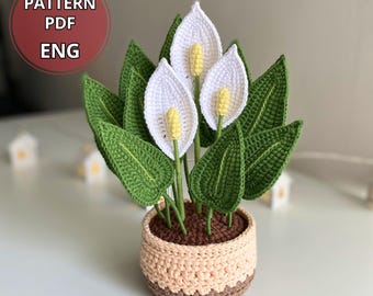 クロシェットピースリリーの編み図、鉢植えの花のPDF、鉢植え、花のクロシェット装飾DIY