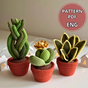 May include: Three crocheted succulent plants in terracotta pots. The plants feature varying shades of green and yellow, with one displaying a yellow flower. The pots are a vibrant orange-red colour. The image includes a circular graphic with the text "PATTERN PDF ENG".