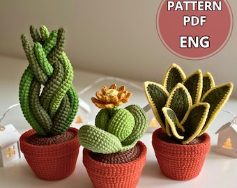 かぎ針編みの多肉植物エキゾチックミックス3-in-1、鉢植えの花のかぎ針編みPDF、多肉植物と鉢植えのパターン、編みぐるみDIY、花のかぎ針編み装飾
