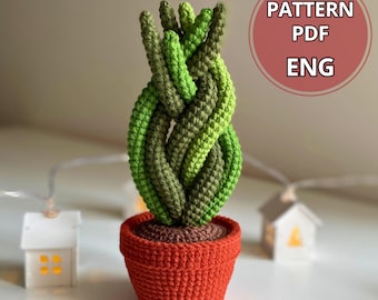 かぎ針編みの多肉植物サンセベリアと鉢植えのパターン、鉢植えの花のPDF編みぐるみサンセベリア、花の装飾