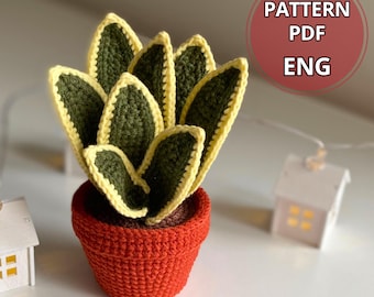 かぎ針編みの多肉植物サンセベリアと鉢植えの植物のパターン、鉢植えの花のかぎ針編みPDFアミグルミ多肉植物DIY、花のかぎ針編み装飾