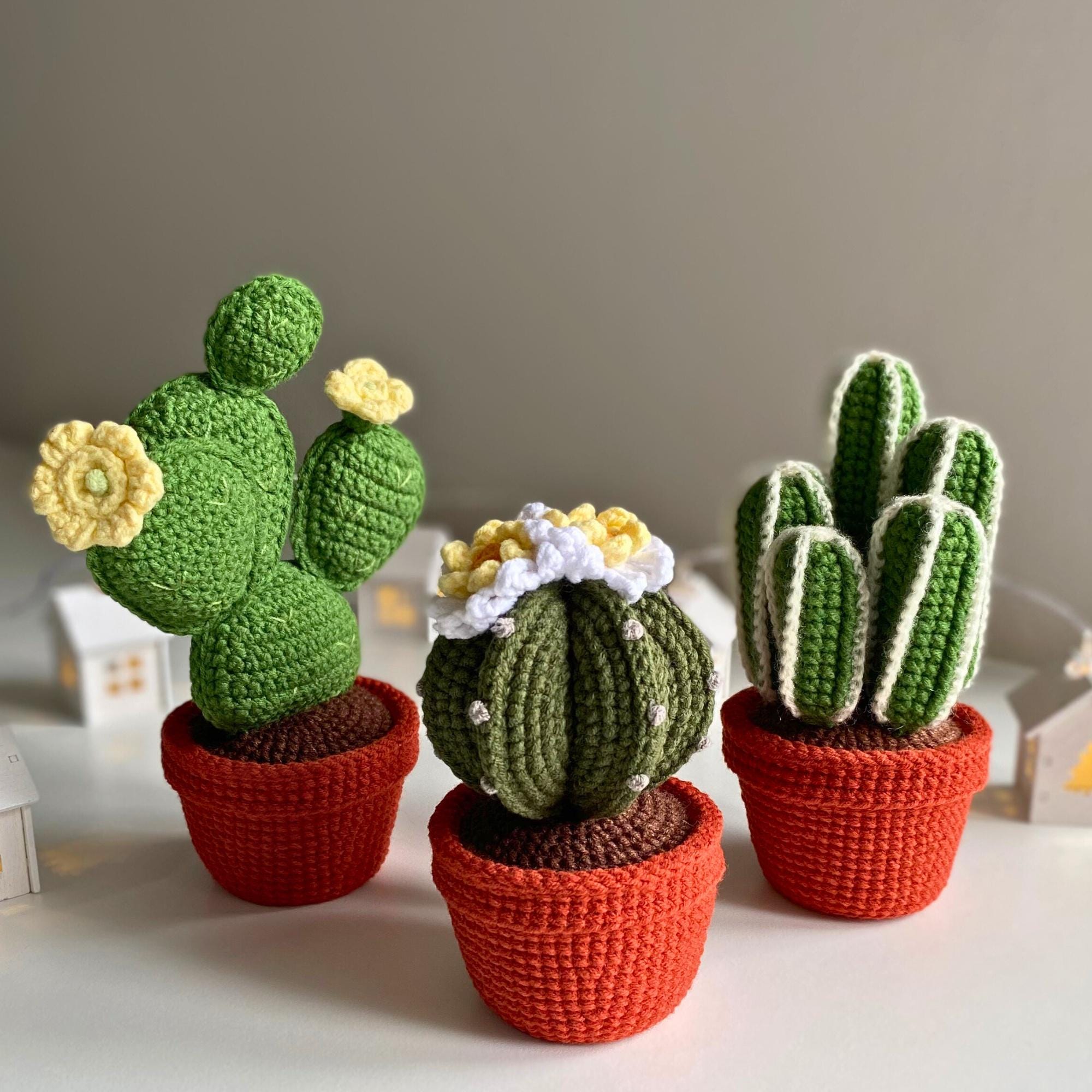 かぎ針編みの多肉植物とサボテン12点セット、鉢植えの花のかぎ針編み