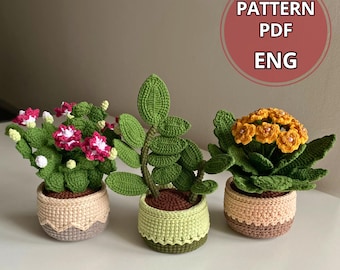 かぎ針編みの多肉植物のパターン、観葉植物3in1コレクション、鉢植えの花、アミグルミ鉢植え、DIYデコレーション