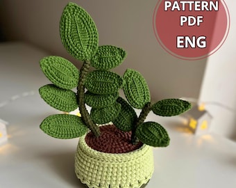 かぎ針編みの多肉植物パターンPDF – ZZプラント、観葉植物のチュートリアル、室内鉢植えの装飾、枝のDIY