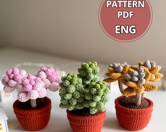 かぎ針編みの多肉植物と鉢植えのパターン、鉢植えの花のPDF、編みぐるみの多肉植物DIY、花飾り、3in1