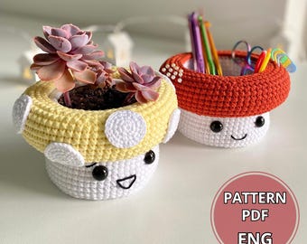 きのこのかぎ針編みプランターのパターン – PDF 多肉植物と花のための編みぐるみポット | オーガナイザー、DIYデコレーション