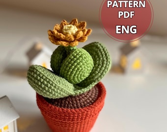 かぎ針編みの多肉植物Pleiospilos Nelii、鉢植えの花と鉢植えのパターン、編みぐるみの多肉植物DIY、花の装飾
